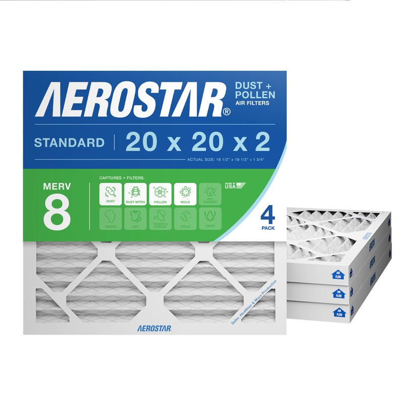 Aerostar 20x20x2 MERV 8 Air Filter, 4 Count, ACTUAL SIZE (19.50 x 19.50 x 1.75), HVAC, Air Conditioning & Furnace Filter Captures Dust, Lint & Pollen (MPR 600 / FPR 5), Made in USA - Image 1